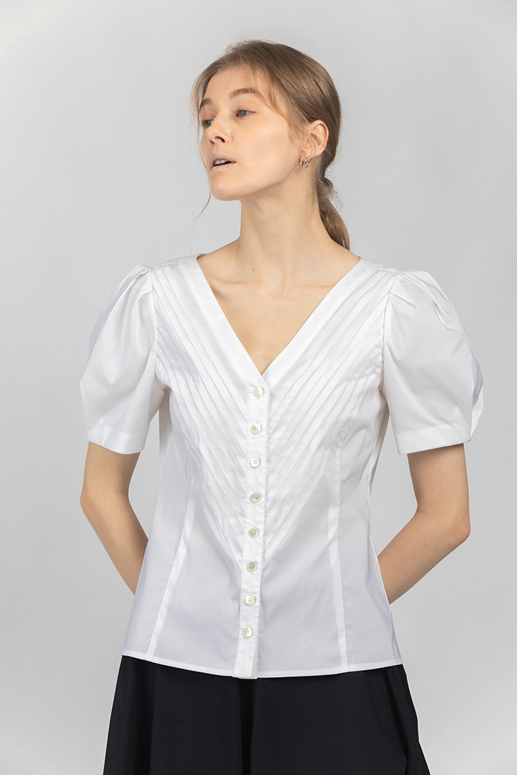 Cotton Pleats Puffy Sleeves Blouse - White