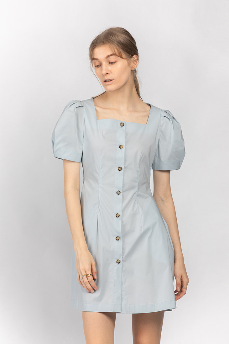 Square Neck Puffy-sleeve Dress - Blue
