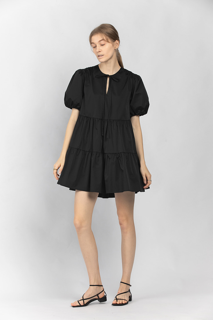 Volume Puffy Mini Dress - Black